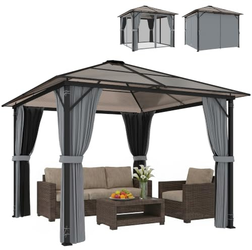 Outsunny Gartenpavillon 3 x 3 m Aluminium Wasserabweisend Dunkelgrau | Stabil, Winterfest, Hardtop, 6 mm Polycarbonat-Dach, 4 Seitenteile, Moskitonetz, UV-Beständig, Garten, Terrasse