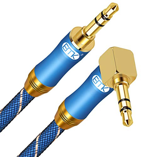 EMK 90 Degree Right Angle Aux Cable - [24K Gold-plated,Sound Quality] Audio Stereo Cable for Laptop, Tablets, MP3 players,Car/Home Aux Stereo, Speaker or More(3.5mm TRS Right Angle Blue, 8Ft/2.4M)