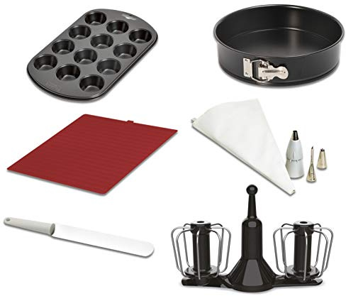 Moulinex XF389010 Accesorios Cuisine Companion, kit repostería, varillas de doble rotación, manga pastelera, espátula, molde 12 muffins, tapete bandeja horno y recetario, molde desmontable 24 cm