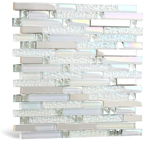 Blujellyfish Glas-, Metallfliesen, schillerndes Weiß, Glas, Silber, Spiegel, Edelstahl, Mischungen, ineinandergreifende Streifen, Wandfliesen TSTNB01 (5 Blatt)