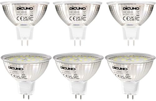 DiCUNO GU5.3 MR16 5W LED Bulb, GU 5.3 Non-Dimmable Spotlight, 50W Halogen Equivalent, 500LM, Cool White 6000K, AC/DC 12V, 120° Beam Angle, 6 Packs