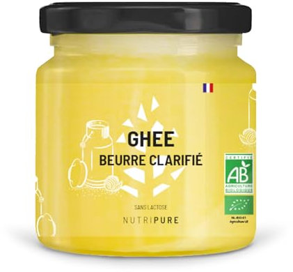 Nutripure | Ghee Bio | Beurre clarifié | Sans Lactose | Sans Caséine | Riche en vitamines A et E | Idéal pour la cuisson à haute température | Conservation long terme | 300G