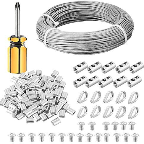 fshihine 100M Garden Wire for Climbing Plants, 2mm PVC Coated Stainless Steel Cable with Wire Rope Clips & Thimbles for Fence, Vine Eyes for Climbing Plants, Trellis, Outdoor String Light Hanging