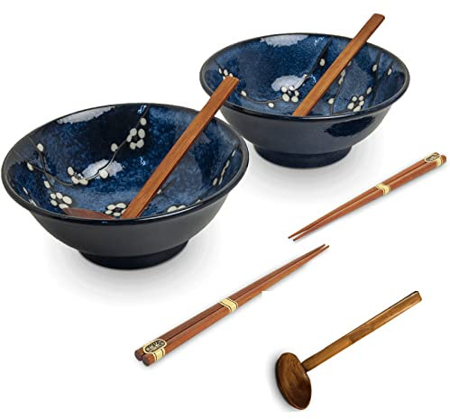 AAF Nommel Reisschalen Schalen Bowl Set für 2 Personen + Essstäbchen + Löffel/ 21 cm Ø Suppe Pho Sushi Japan Porzellan weiss blau/Marke