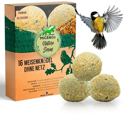Mice&Co Wildvogelfutter Meisenknödel ohne Netz | Körnerkugel für Wildvögel, Nährstoffreiches Ganzahresfutter für alle Vogelarten - 16 Stück je 90 Gramm