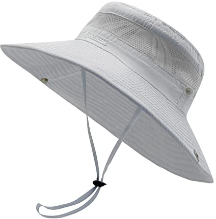 SEYUFN Damen Sonnenhut Outdoor Sommer Wanderhut Damen UV-Schutz Bucket Cap Faltbar Mesh Pferdeschwanz Breite Krempe Zum Safari Angeln (B-Kein Pferdeschwanzloch-Hellgrau)