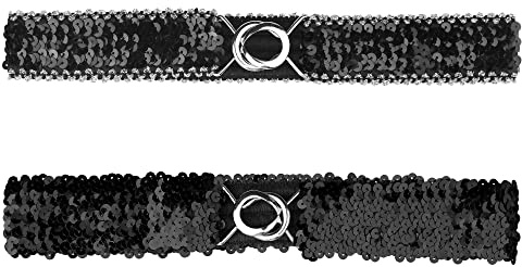 Allegra K Womens Glitter Skinny Stretchy Waist Belts Sequins Decor Slim Elastic Belts 2PCS Silver side Black 64cm/25.19