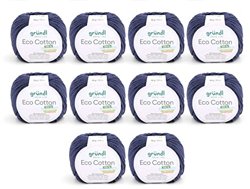 Gründl Ull Eco Cotton (garn av 100% ekologisk bomull, OEKO-TEX® certifierad, lättskött och tvättbar, 50 g/105 m, nåltjocklek: 3,50 – 4,50 mm, 10 x 50 g), jeans
