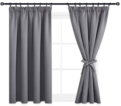 DWCN Vorhänge Kurz Wohnzimmer Blickdicht Kräuselband mit Vorhang-Krawatten | 137x167cm(HöhexBreite), Grau, 2er Set, Verdunkelungsgardinen Wärmeisolierend Thermovorhang für Schlafzimmer UV-Schutz