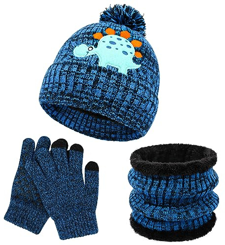 QKURT Ensemble de Gants d'hiver pour Enfants, Bonnets 3 en 1 épaississants, doux et Thermiques avec Motif de Dinosaure Cache-cou Gants Magiques, Ensembles d'accessoires pour Garçons et Filles