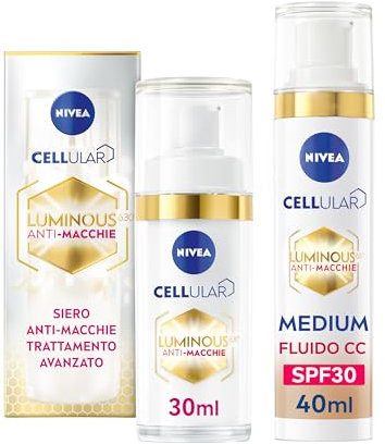 NIVEA Luminous630 Routine, Cofanetto Set Skincare con Siero Viso Trattamento Avanzato 30 ml e Fluido CC Cream SPF 30 3-in-1 Medium 40 ml per la cura completa delle macchie – Kit Esclusiva Amazon