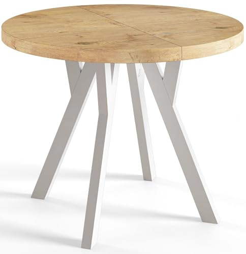 AlpiMeble Esstisch Ausziehbar OVO, 100-200cm, Stabile Beine, Lancelot | Runder Tish, Moderner Design, Wohnzimmertisch und Küchentisch, Stabile Konstruktion, Weiße Beine