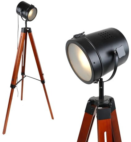 Alpinaluz Lámpara de Pie Cinema Trípode de Madera Natural - Cabezal Negro Orientable con Cristal Opaco, Casquillo E27, Estilo Náutico Vintage para Salón Comedor
