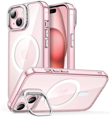 JETech Cover Cavalletto per iPhone 15 Plus 6,7 Pollici Compatibile con MagSafe, Integrato Supporto Anello Fotocamera, Antiurto Custodia, Magnetica Antigraffio Chiaro Retro (Rosa)
