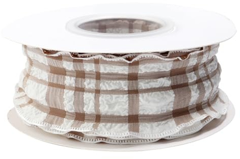 Rockreyoa 10 Yards Gingham-Band Karierte Schleifenband Plissee Vichy Karo Geschenkband Stoffband mit Rüschen Weihnachtsband für DIY Kleidung Vorhang Hochzeit Geschenkverpackungen Braun 4cm