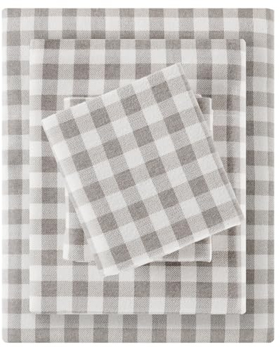 Sleep Philosophy True North - Sábanas de Franela 100% algodón, Acogedor, Pesado, Cepillado para Mayor suavidad, Ropa de Cama cálida con Estampado, tamaño Matrimonio, 4 Piezas, Cuadros Espiga Gris