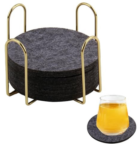 sous-Verre Feutre, Set de 10 sous, Support de sous - Verres doré, Dessous de Verre Ronds en Gris Foncé pour Boissons, Tasses, Bar, Verre, Protège Table Cadeau