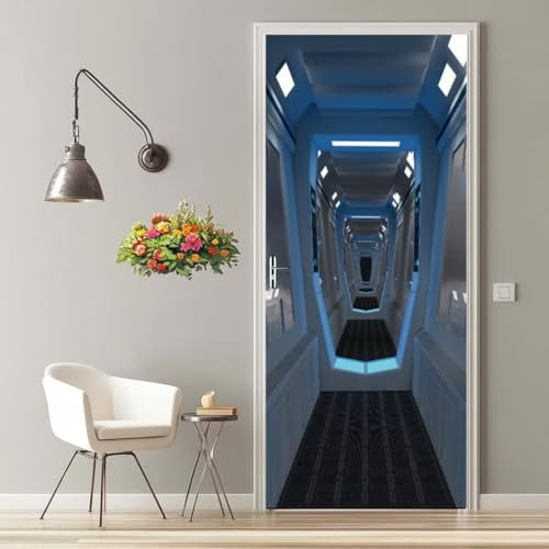 Türtapete Selbstklebend 77X200 cm Türaufkleber 3D Türfolie Selbstklebend Raumschiff Korridor Klebefolie Tür Türposter Tür Folie Wasserfest Wandbild für Schlafzimmer Wohnzimmer Bad Tür Tapete -MT47