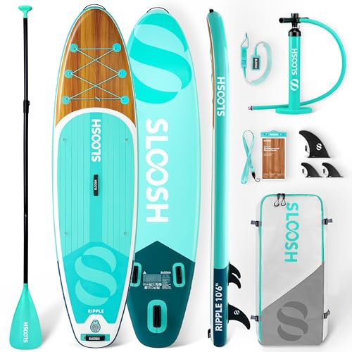SLOOSH Aufblasbares Stand-Up-Paddle-Board, 10'6 Paddleboard mit Premium-Zubehör, rutschfestes Eva-Deck, ultraleichte Tragetasche und Pumpe, Ripple SUP für Jugendliche & Erwachsene, Aquatische Brise