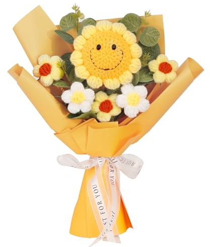 ZKFSIE Crochet Flowers Bouquet, Handmade Knitted Smile Sunflower Arrangement, Artificial Floral Arrangement, for Girl, Women, Moms, Teachers, and Loved Ones