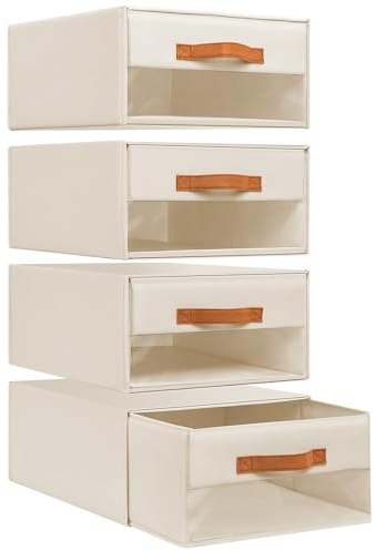 DIMJ Closet Organisers Storage Drawers - Pull-Out Storage Boxes with Drawers Foldable Stackable Storage Drawers Units with Clear Window for Bedroom, Living Room, 4-Pack, Beige