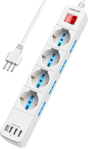 POWSAF Presa Multipla 12 Prese, Ciabatta Multipresa con 4 Porte USB e Interruttore, Ciabatta Elettrica per Casa e Ufficio, Bianco