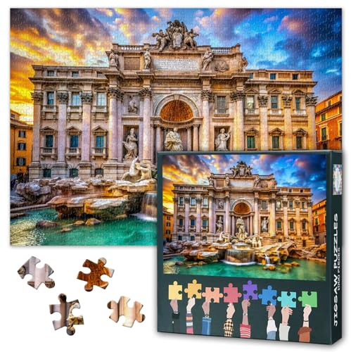 Rom Puzzle 1000 piezas – Fuente Trevi con arquitectura barroca, para profesionales de puzles 50 x 70 cm, diseño de ciudad sofisticado de Italia para las vacaciones