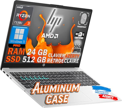 PC HP Ordinateur Portable 15,6″ Slim en Aluminium – AMD Ryzen 3 7330U 2,3–4,3 GHz | 512 Go SSD NVMe | 24 Go DDR4 (2×slot) | Windows 11 Pro | Clavier AZERTY rétroéclairé & lecteur d’empreintes | WIFI 6
