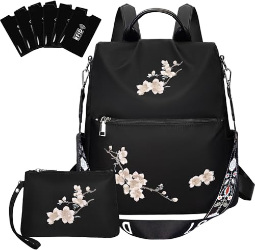 Eshow Rucksack Damen Klein, Anti-Diebstahl Elegant Cityrucksack Tagesrucksack, 3 in 1 Rucksacktasche mit Clutchbag RFID Blocker, Kleiner Damenrucksack Modern für Pendeln Schule Arbeit Reise Schwarz