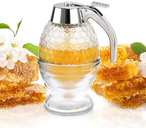 SUMNACON Honigspender aus Glas, Honigbehälter mit Ständer und Griff, Honigtopf mit Dipper, Syrup Spender, Leicht zu reinigende Honiggläser, Honigdose für Frühstückstisch, Küche, Dessertladen 8oz