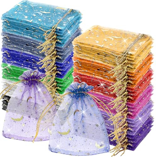 300 Stück Organzabeutel Klein, 9 x 12 cm Farben Geschenkbeutel mit Kordelzug, Mini Schmuckbeutel mit Mond & Sterne Motiv für Hochzeit Geburtstag Weihnachten Party Baby Shower