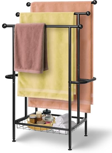 Haturi Free Standing Towel Rack for Bathroom, 3-Tier 39 H Black Metal Towel Drying Rack with Storage Basket, 24.4 L x 13 W x 39 H Rust-Resistant Outdoor Holder for Pool & Oversized Towels