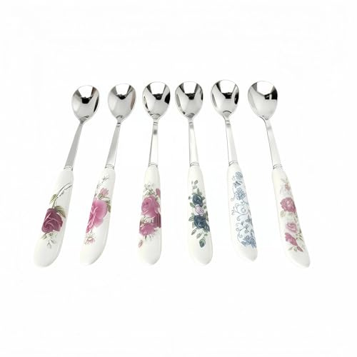 Hiiooweiyi 6-Piece Set of Stainless Steel Coffee Spoons Ceramic Handles Teaspoons Sugar Water Ice Cream Smoothies Spoons Soup Mixing Utensils