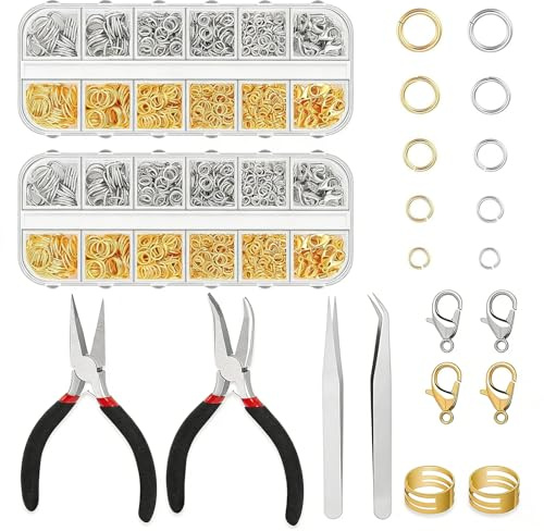 Biegeringe Schmuckherstellung Ringe, 2406 Stk Schmuckzubehör Set, 4-10mm Golden & Silber Biegeringe Karabinerverschluss mit Pinzette, Spaltringzange und Biegeringöffner, für DIY Halskette Armbänder