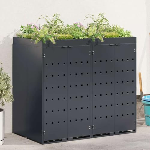 Festnight Mülltonnenbox 2er 240L 120L 2 Tonnen Mülltonnenverkleidung Edelstahl mit Pflanzdach Müllcontainer Mülltonnenschrank Metall Müllbox Draußen Anthrazit