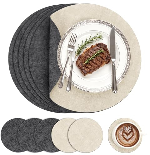 Homodeco Tischsets Abwaschbar 6er Set mit Untersetzern aus Kunstleder | Ø33 cm Platzsets Rund für Esstisch, Rutschfest und Hitzebeständig, Doppelseitig, Lederoptik (Dunkel Grau/Beige)