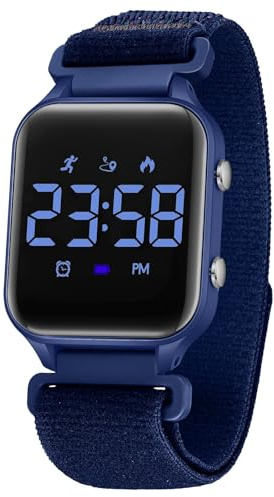 Timever Digitaluhr Kinder Mädchen Jungen mit Schrittzähler,2 Alarme,Stoppuhr, Licht,Datum-Sport Armbanduhr ohne App und Handy mit Nylon Klettarmband