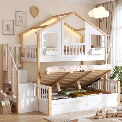WIZBED Etagenbett Kinderbett mit LED und Treppe, Hochbett 90x200+140x200 mit hydraulischem Unterbett, Hausbett mit Lattenrost, Stockbett Jugendbett, ohne Matratze,weiß+Natur