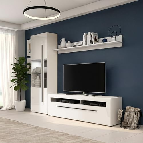 Lomadox Wohnwand 3-teilig in Weiß Hochglanz mit 160 cm Lowboard, Wandboard & Vitrine inkl. Beleuchtung - Anbauwand, Fernsehwand, Vitrinenschrank, Fernsehschrank, Fernsehtisch