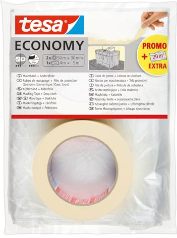 tesa Malerband ECONOMY - 2er-Pack - 50 m x 30 mm + Abdeckfolie - 4 m x 5 m | Abdeckband und Folie zum Abkleben bei Malerarbeiten - lösungsmittelfrei und bis zu 4 Tage lang rückstandslos entfernbar