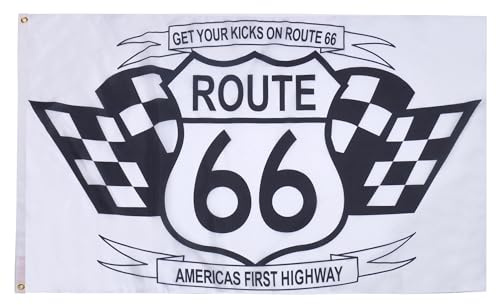 AZ FLAG Drapeau Route 66 Noir et Blanc 150x90 cm Polyester 100D 2 Œillets | Usage intérieur et extérieur Drapeau décoratif de la Road 66 aux Etats-Unis coutures doubles et bords renforcés
