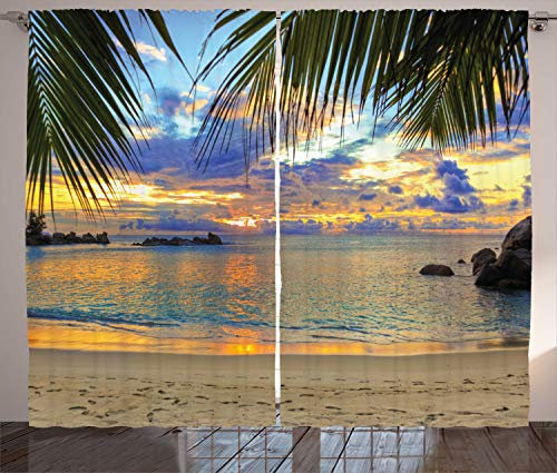 ABAKUHAUS Tropisch Rustikaler Gardine, Exotische Strand-Foto, Schlafzimmer Kräuselband Vorhang mit Schlaufen und Haken, 280 x 175 cm, Tan Grün