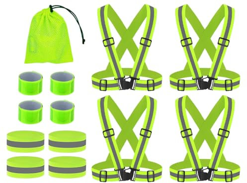 Anlising 4PCS Seguridad Chaleco Reflectante Moto+4PCS Bandas Reflectoras+4PCS Brazalete Reflectante, Ajustable Visibilidad Alta Chaleco Reflectantes con Bolsa, para Correr,Senderismo,Ciclismo