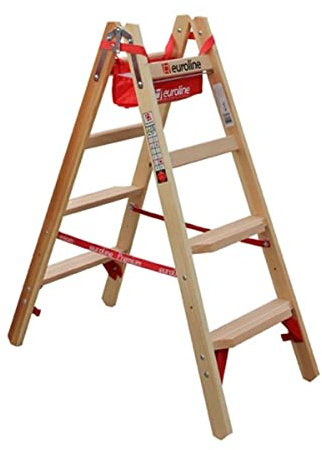 Euroline Holz Comfort-Stufenstehleiter mit Eimerhaken und Werkzeugablagetasche Nr. 10577-2x4