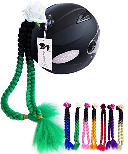 3T-SISTER Braids Helm Pigtails Rose Flower Helm Pferdeschwänze für Motorrad Fahrrad Ski Helm Haar Saugnapf Design 24 Zoll Ombre schwarz bis grün + 2PCS Free PU Adhesive