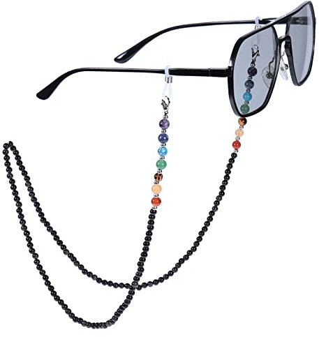 TUMBEELLUWA Reiki Brillenkette mit 7 Chakra-Steinen, Kristallperlen, für Brillen, Sonnenbrillen, schwarz,