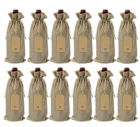 CENPEK 12 Pezzi Borsa per Vino in Tela, Sacchetti Regalo riutilizzabili per Bottiglie di Vino con Coulisse, Etichette per Regali, Matrimoni, Compleanni, Feste (Beige)