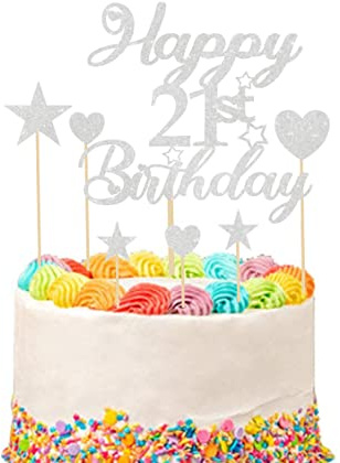 Happy 21st Birthday Cake Topper Set with Heart Star Cupcake Picks, Glitter Cake Decoration for Birthday Party Cake Supplies - 9pcs (Silver)