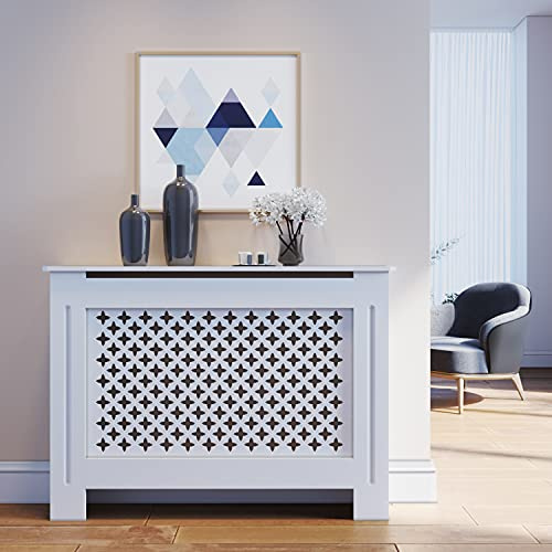 SONNI Cubreradiadores Modernos Madera Cruzado Rombo,Cubre Radiadores Blanco MDF Decorativo 112x19x81.5 cm