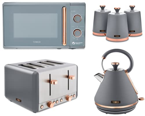 TOWER Cavaletto Grey & Rose Gold Kitchen Set of 6 Including 1.7L 3KW Pyramid Kettle, 4 Slice Toaster, 800W 20L Microwave 3 Tea, Coffee Sugar Canisters, (TWRCAVPKT4MICCANSRGG)